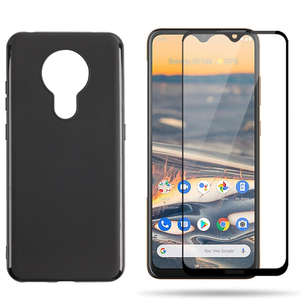 3in1 Volledige Cover Gehard Glas Case Camera Lens Screen Protector Beschermende Glas Voor Nokia 5.3 Ta-1234 Ta-1223 Ta-1227 Ta-1229: 2 in 1 black case