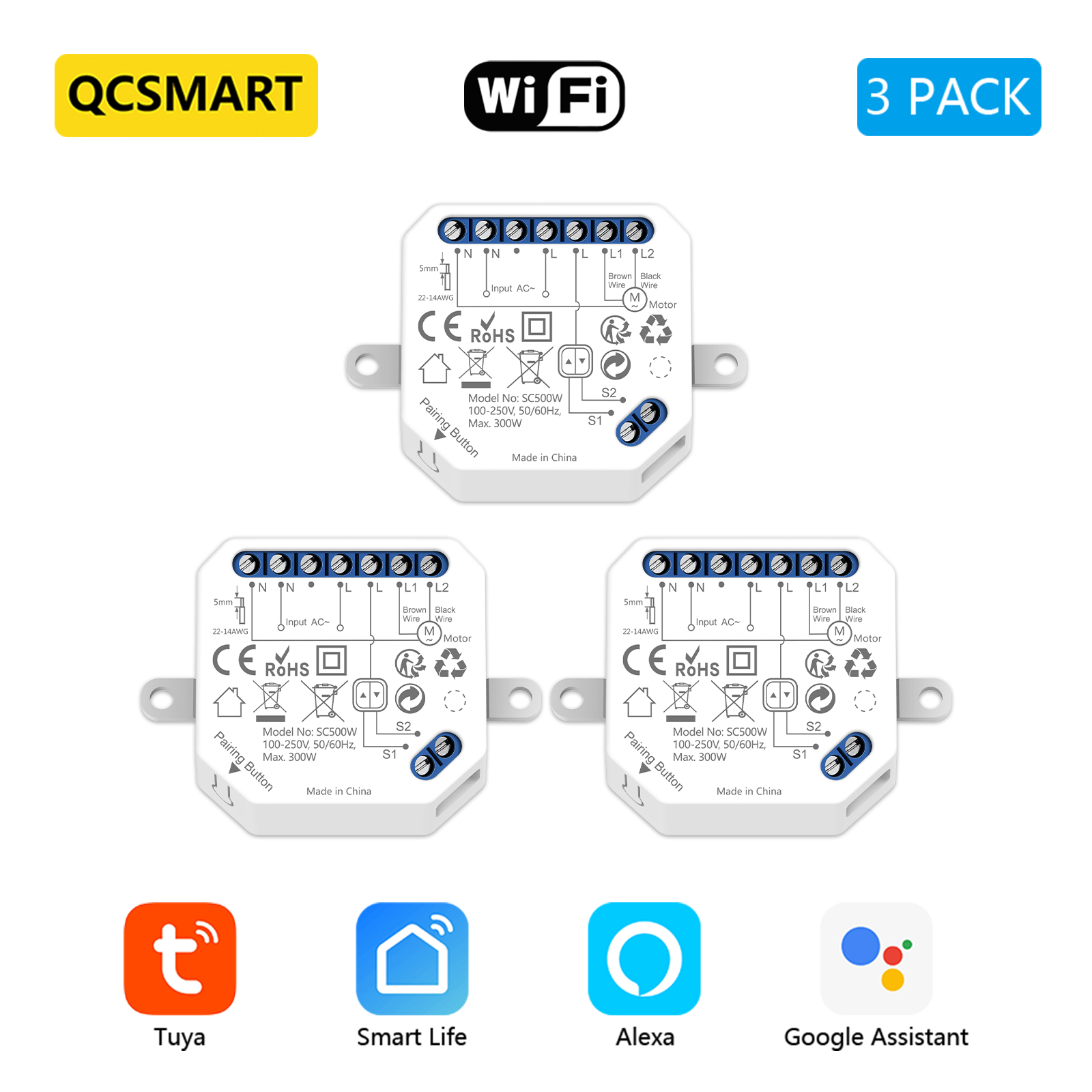 QCSMART Modulo interruttore tenda WiFi per motori persiane Controllo percentuale Tuya Voce di Google Alexa Funziona con spedizione veloce: Bundle3