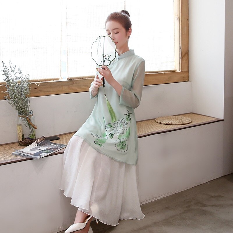 Ensemble 2 pièces Style chinois pour femmes, tenue Cheongsam, haut + pantalon à jambes larges, costume Tang, , été, 11265