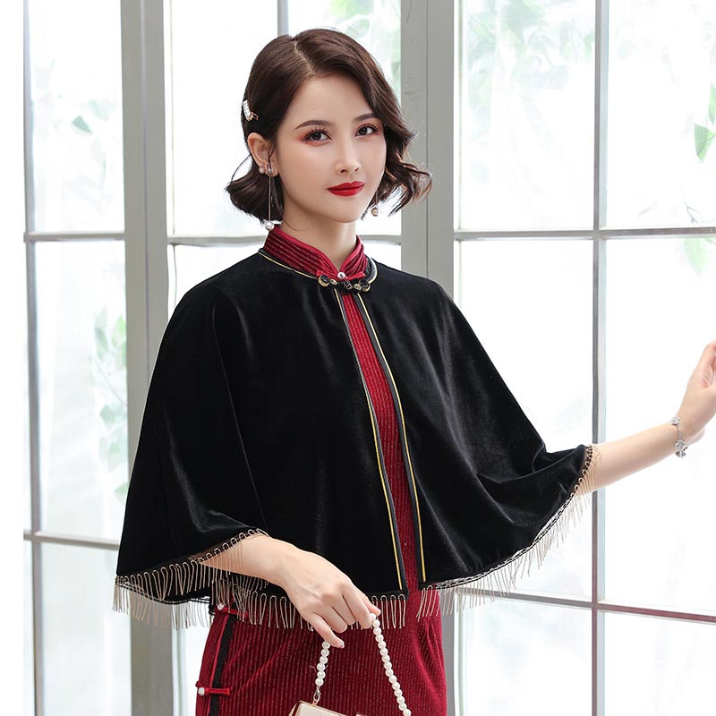 Wine Red Velvet Bridal Shawl Wraps Marriage Formal Party Evening Jackets Wraps Winter Wedding Capes Blue Women Bolero Shrug: Black with tassel