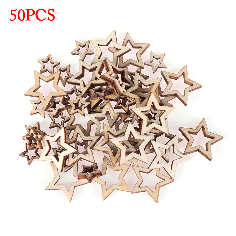 50 stk / pakke træhulede stjerner håndværk ornament til kunst scrapbooking udsmykninger bryllup diy træ skiver boligindretning: Blande
