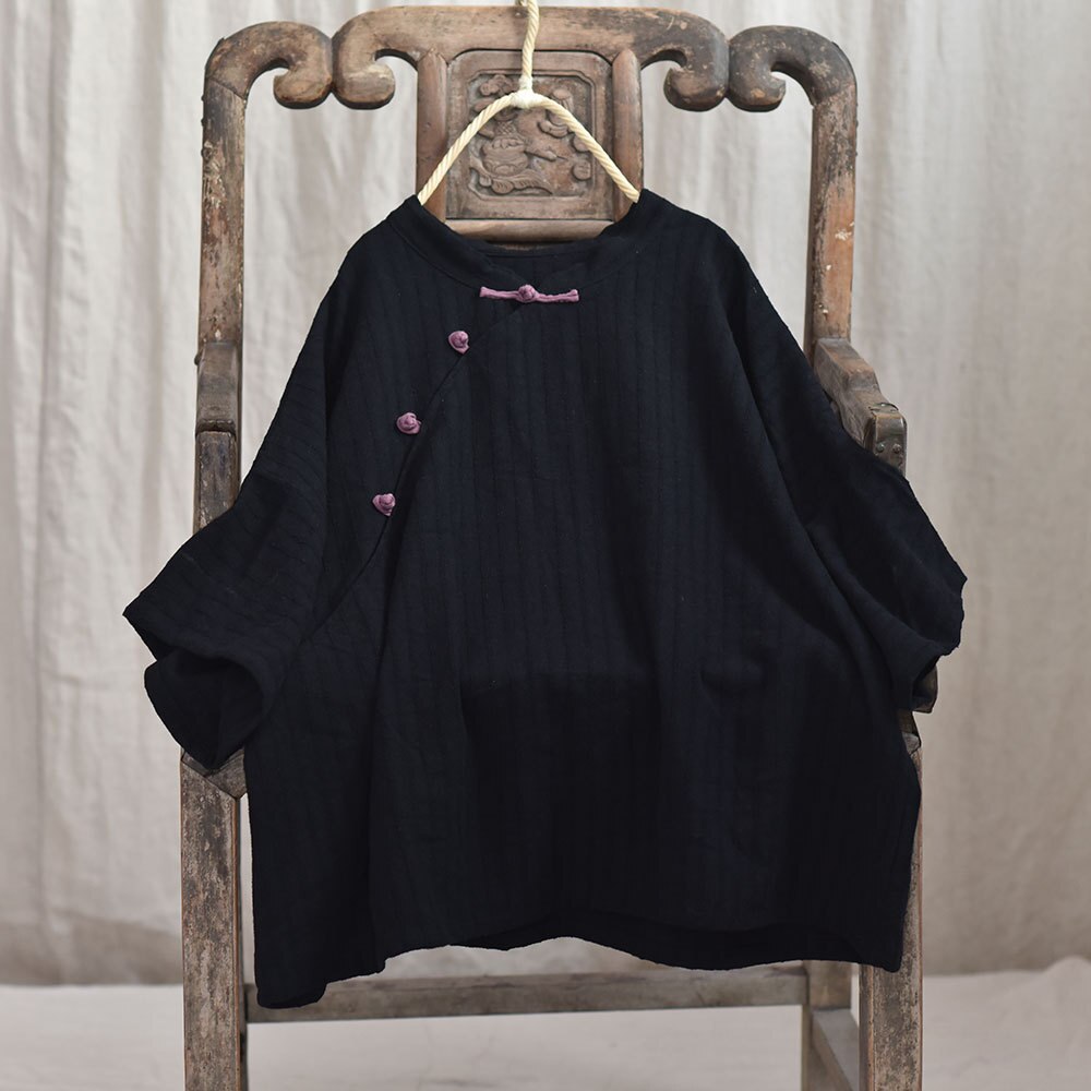 Women Loose Cotton Linen Striped Blouse Tops Female Summer Autumn Stripes Shirt Blouses Ladies Stand Collar Shirt: black