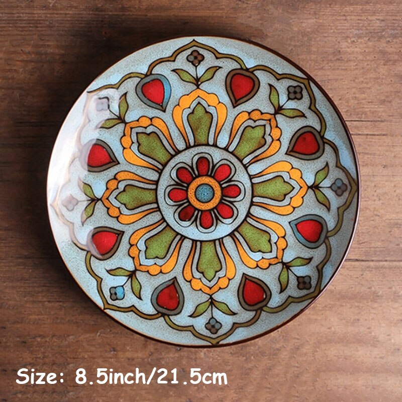 Keramisk blomstertallerken retro matbrett servisesett vestlig matfat rund salattallerken håndmalte flate tallerkener servise 1 stk.: G