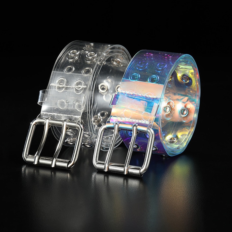 1 szt. Dwurzędowe pcv przezroczysty pas dla kobiet moda ze sprzączką biodro chmiel spodnie punkowe przezroczyste paski damskie dżinsy przelotka pas