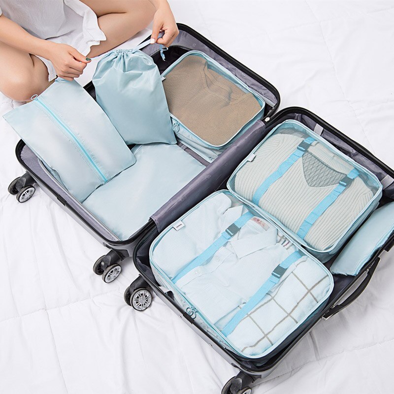 Multifunction 7pcs/set Travel Accessories Bags Organizer High Capacity Mesh Packing Cubes Clothes Arrange bag: Blue