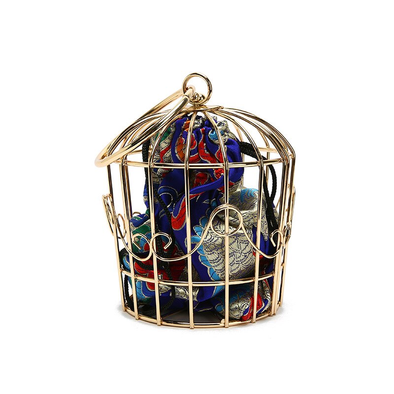 Women's Birdcage Evening Bag Clutch Metal Frame Embroidery Bucket Bird Cage Mini Totes Ladies Purses Female Gold Tassel Handbags: Blue