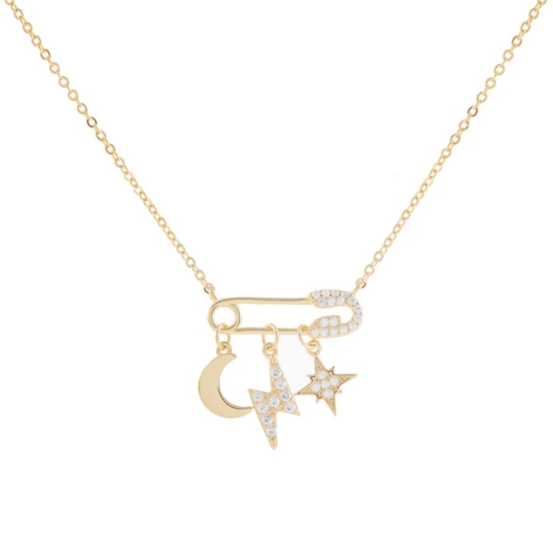 Gs 925 Sterling Zilveren Paperclip Pin Hanger Kettingen Voor Vrouwen Star Moon Lightning Zirkoon Kristallen Hanger Ketting Sieraden: Default Title