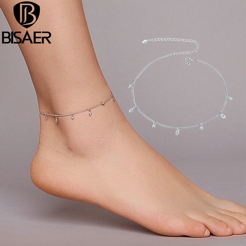 Tobilleras BISAER, tobilleras de Plata de Ley 925 con borla Simple, cadena de circón brillante, tobilleras para mujer, para pierna eslabones de cadena, joyería fina