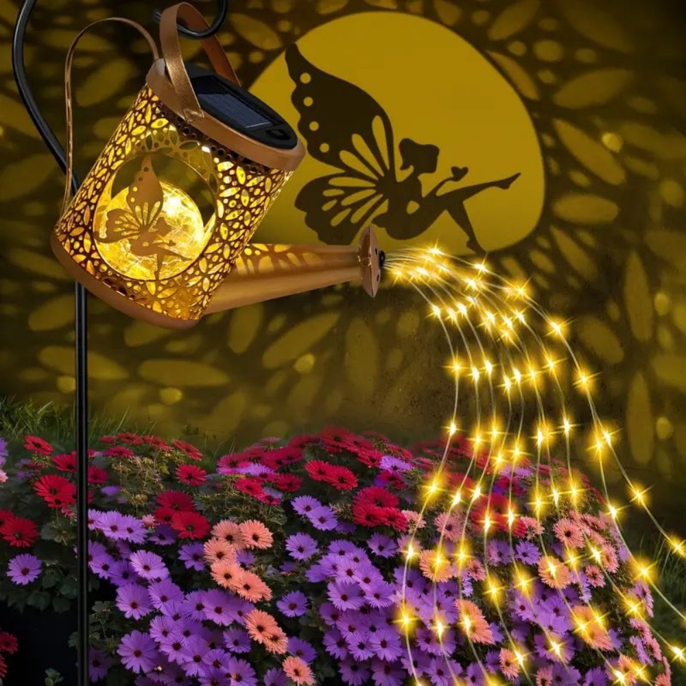 Fairy Solar Watering Can Lights Outdoor Waterfall Garden String Fairy Lights Solar Metal Kettle Projection Light Garden Decor: WHITE