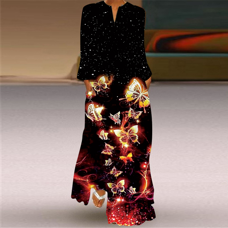 Robe transfrontalière européenne et américaine pour femmes, col en v, manches longues, Sexy, imprimée, grande poche, commerce extérieur, 2024: M / Rouge