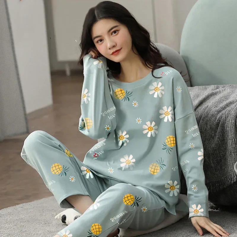 Kvinders pyjamas forår og efterår langærmet efterår og vinter hjemmetøj plus size enkelt løstsiddende jakkesæt overtøj: Xl / Grøn