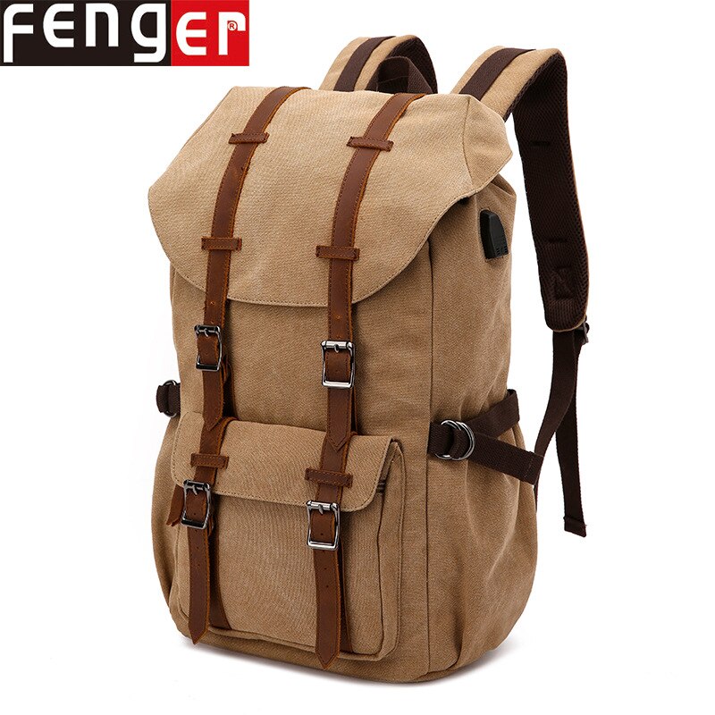 Neue Stil Leinwand Tasche USB Gewaschen Leinwand Retro Casual Rucksack Männer Reise Rucksack Laptop Tasche: Khaki