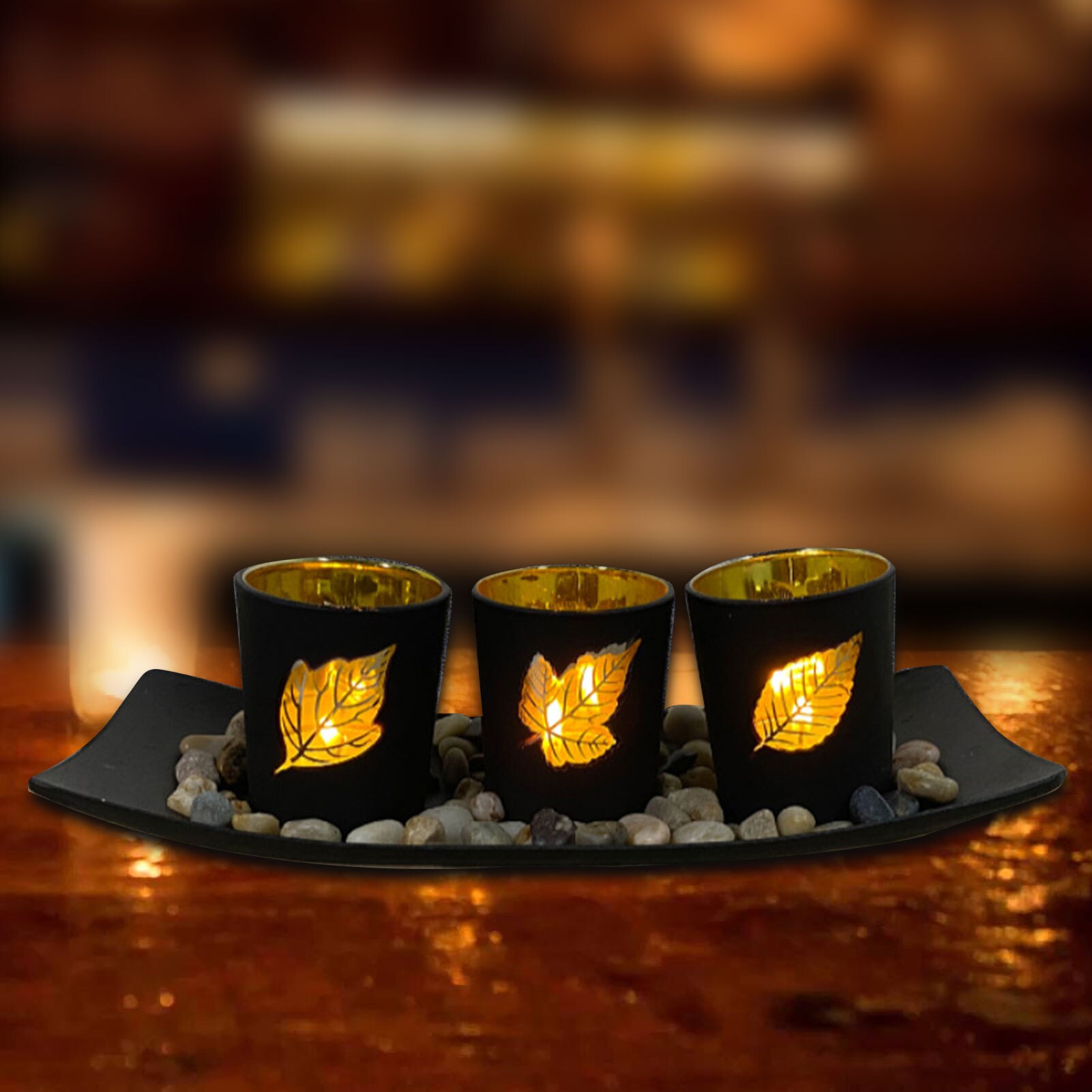 Kandelaars Set Sier Stenen Houten Dienblad Kandelaar Decoratieve Hollow Leaf Led Elektronische Kaarshouder