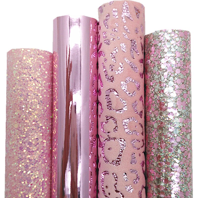 Pink Chunky Glitter Leather Leopard Velvet Fabric Pink Mirror Patent Synthetic Leather Vinyl Fabric For Bows DIY 21x29CM Q737