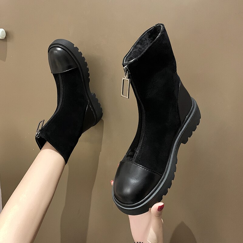 Botas negras de tacón cuadrado para mujer, zapatos cálidos de felpa con cremallera, para invierno,