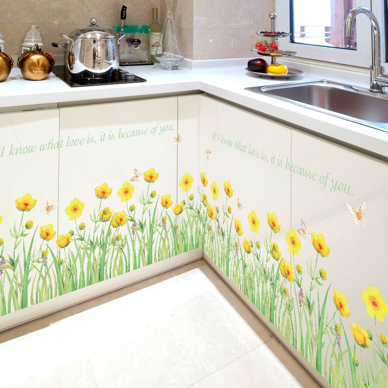 Yellow Flowers Butterfly Wall art Stickers Removable Skirting Line Border Decoration Window Glass Decals Self Adhesive