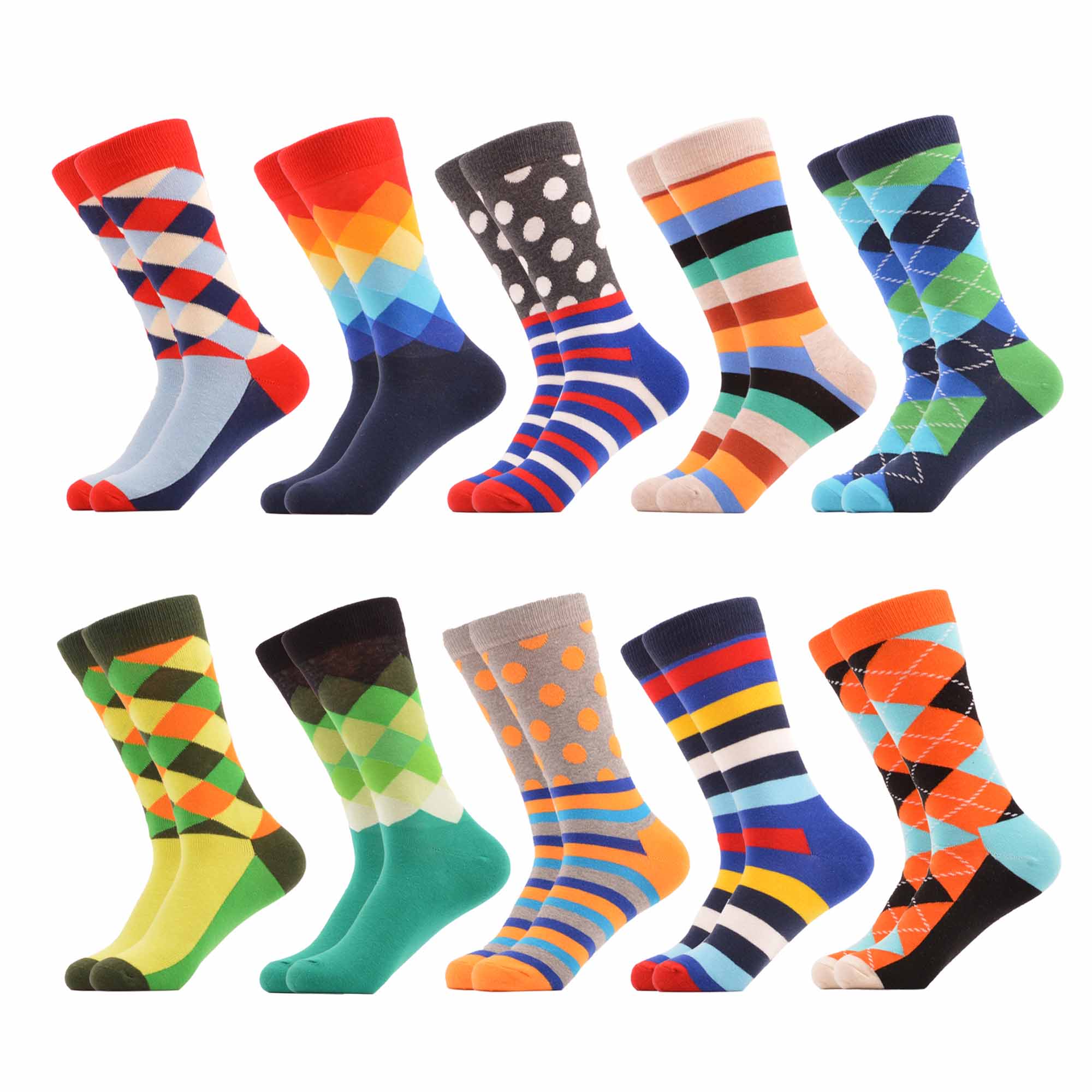 SANZETTI-chaussettes pour hommes, style Hip Hop, en coton peigné, haute couleur, nouveauté, Skateboard, motif géométrique, motif Harajuku,: 06368 (10 pairs)