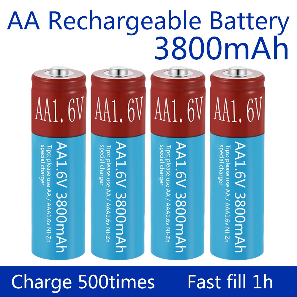AA Rechargeable Batteries NiZn 3800mAh Replace 1.5V/1.2V AA battery 1.6V Battery for toys MP3 Solar Lights Camera MP4 RC car