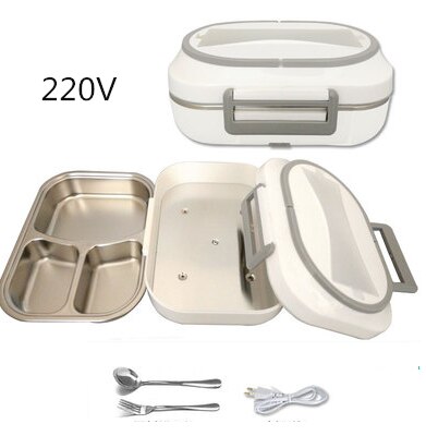 12V 24V 220V 1L Household Car Electric Heating Box With Stainless Steel Inner Mini Portable Electric Multi Cooker: gray 220v