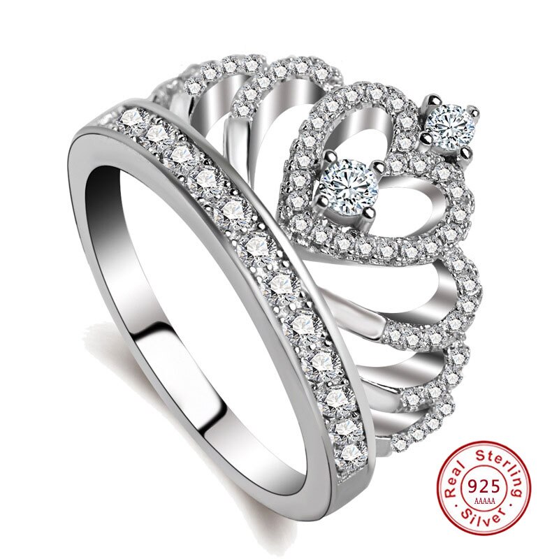 Anillos de boda con corona de corazón de plata de ley 925 romántica para mujer, con cristal transparente de 5A CZ, Plata de ley-joyería Anel: SILVER / 5