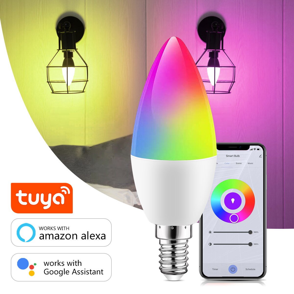 Gu10 e27 e14 tuya smart spotlights/kerzen/kugellampen mit rgb-led-farben, kabelloser fernbedienung und wlan-steuerung für alexa und google home: E14 / 2 stk