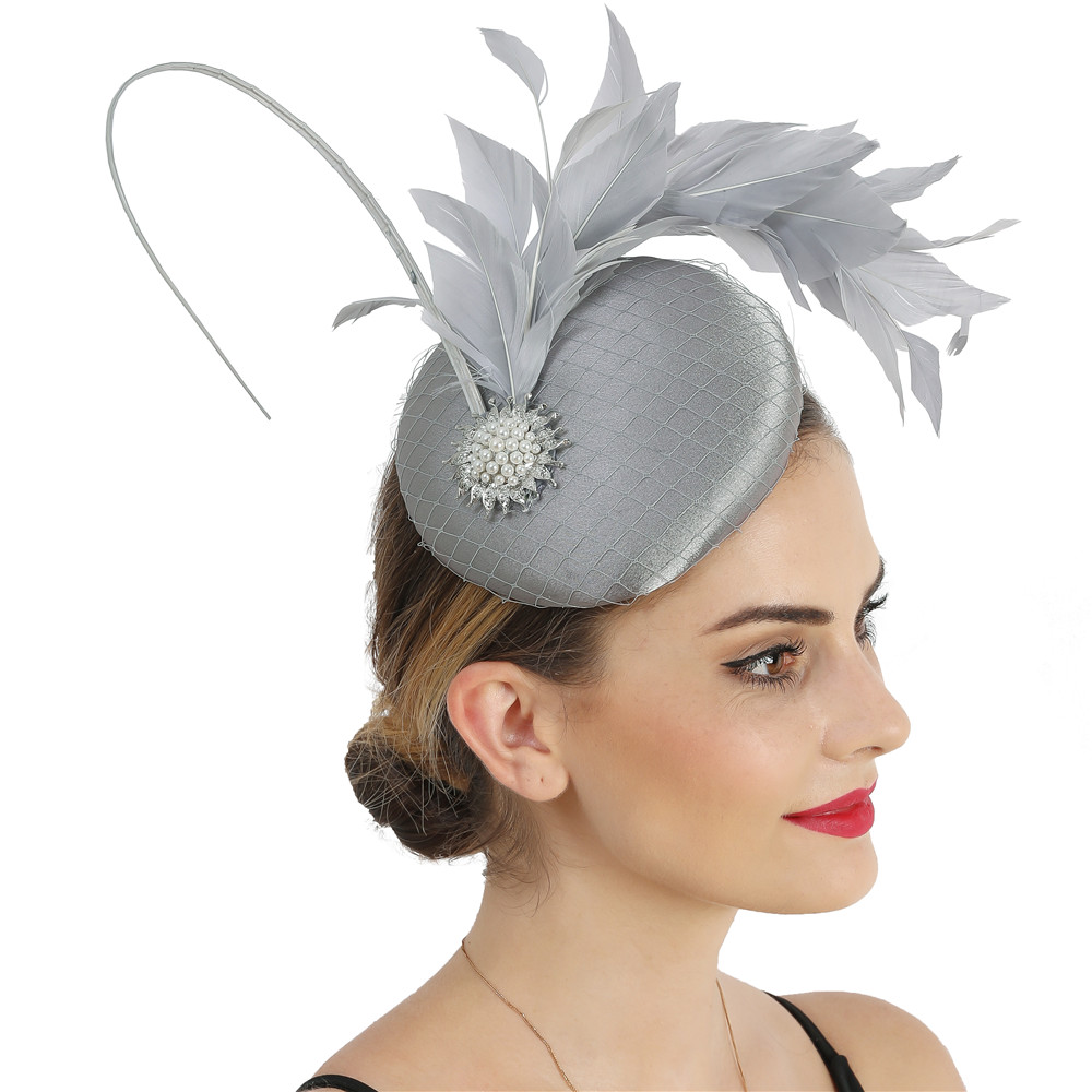 Nice Magenta Satin Hair Fascinator Hat Evening Party Formal Church Ladies Millinery Hat Bridal Wedding Headpieces With Feathers: GRAY