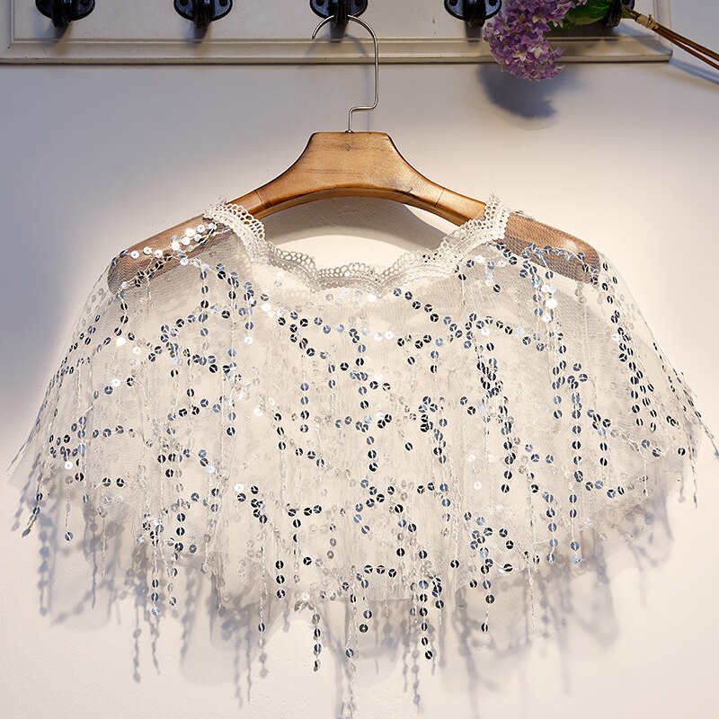 Coprispalle in maglia di pizzo con paillettes fatte a mano sottili tutto'uncinetto per bolero da donna bolero da sposa bolero superiore coperchio su breve mantello avvolge
