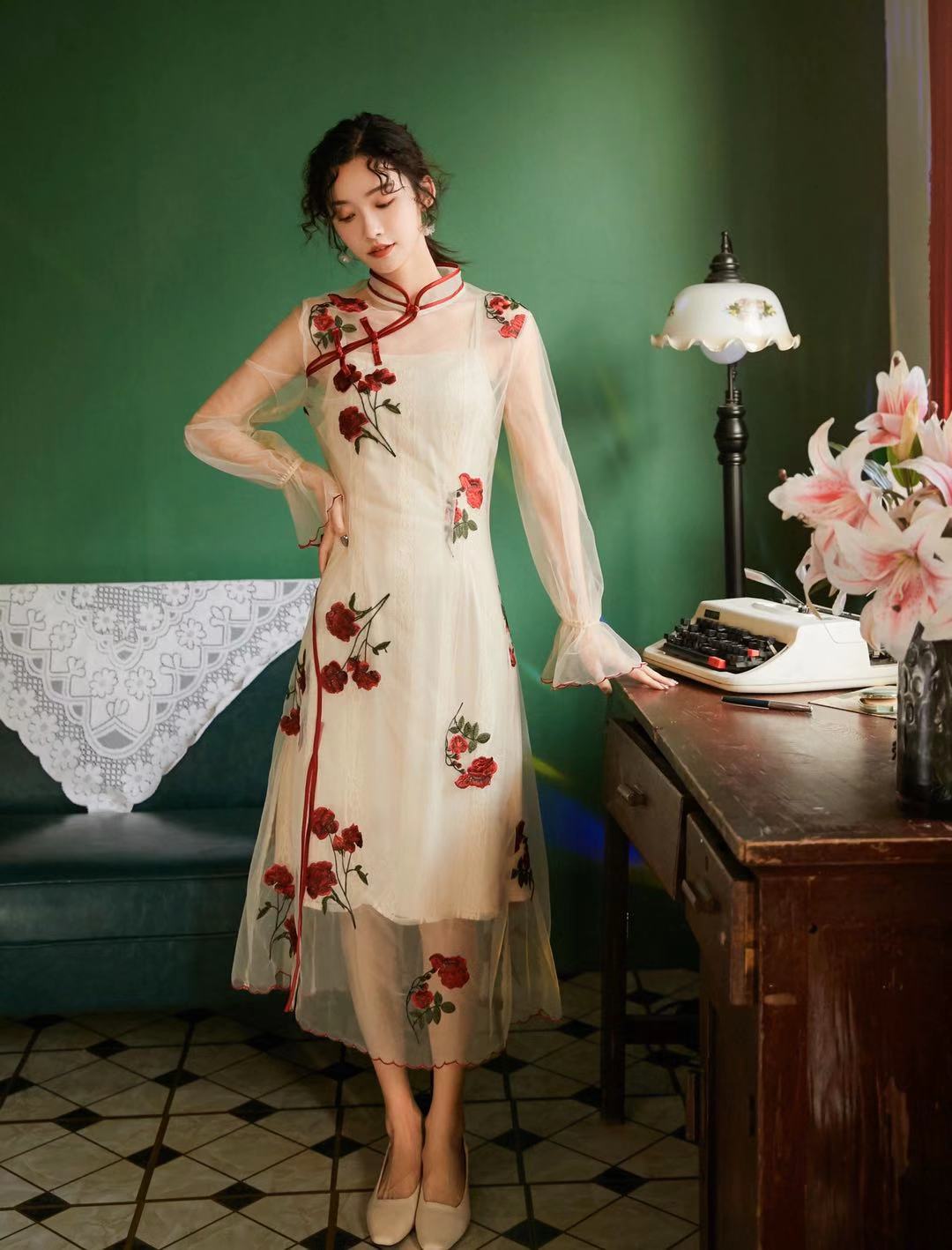 Chinese Dress women qipao flower embroidery bridesmaid wedding party dress vestidos lace mesh cheongsam dress