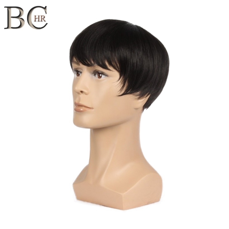 BCHR 8 inch Short Straight Synthetic Wigs for Men Natural Black Male Wig Heat Resistant Fiber Hair toupee Wig