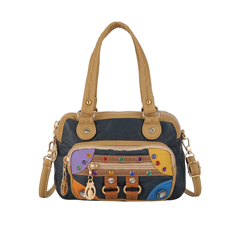 Pu Leather Multicolor Optional Shoulder Bag Ladies Crossbody Messenger Bag Ladies Rivet Soft Package Patch Multi-pocket: dark blue