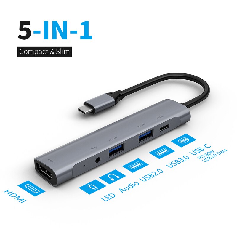 USB C HUB 5port USB 3.1 Type c Adapter to USB3.0 HDMI 4K 3.5MM headphone USB C PD Type c HUB: 5port