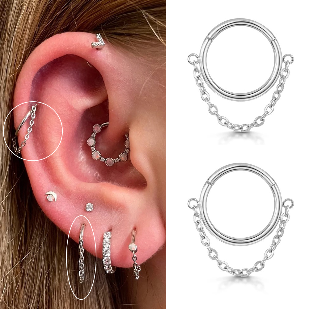 1Pc Roestvrij Staal Eenvoudige Septum Piercing Neus Ringen Vrouwen Oorringen Met Ketting Goud Kleur Tragus Toren Oor Piercing Sieraden