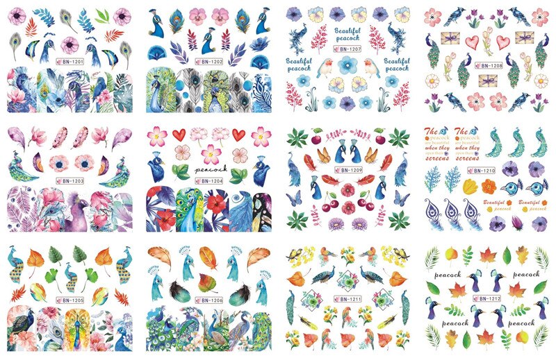 1 ark  (12 stk) klistremerke til spikeroverføringe påfugl og blomst og geometrisk... vannoverføringsklistremerke klistremerke gjør-det-selv-negletips pakke inn-klistremerke: Bn1201-1212