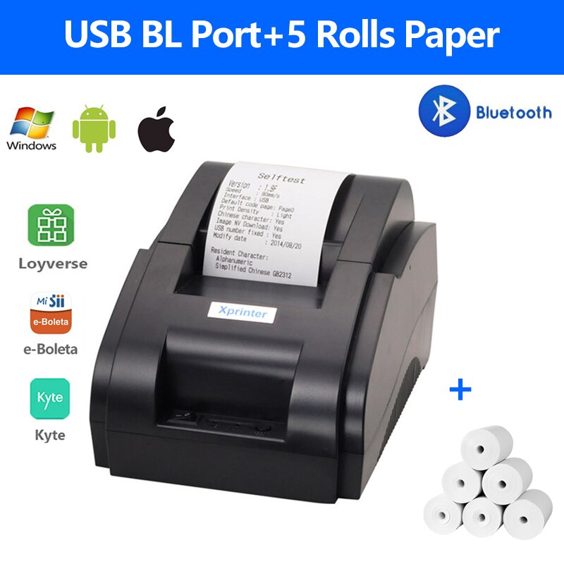 XP-58IIH POS Thermal Direct Printer 58MM Mini Restaurant Bill Receipt Ticket Machine USB &amp; USB+Bluetooth Interface Windows Phone: USB BL 5 Paper / US plug