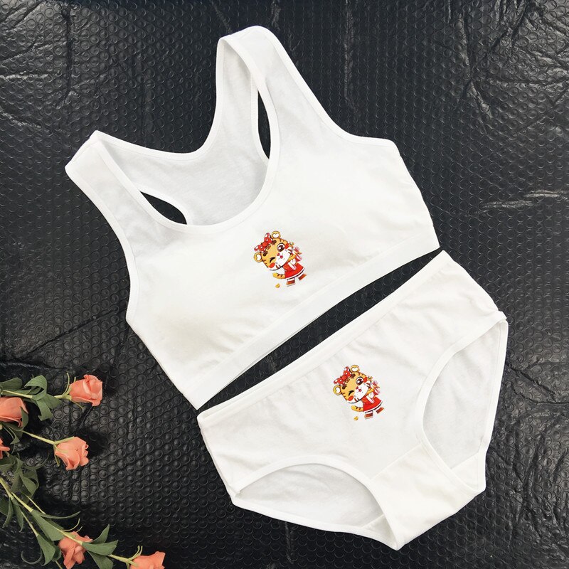 Cotton Girl Solid Color Bra Student Girl Puberty Bra + Panty Suit U-shaped Thin Belt Small Vest Wrap Chest 8-16Y: 3 / 16