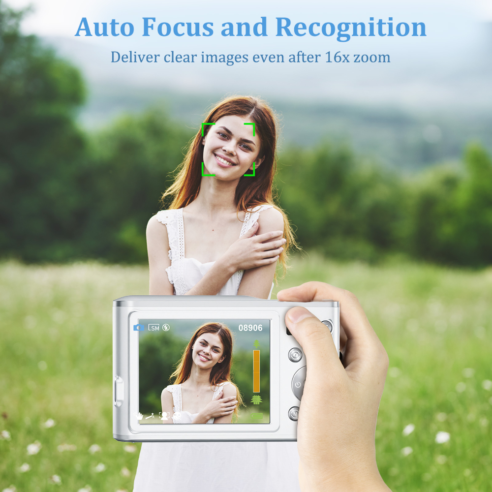 Cámara digital 4K Cámara Vlogging con enfoque automático con lente delantera y trasera, tarjeta de 32 GB, cámara selfie con zoom digital de 48 MP y 16X, negro, blanco