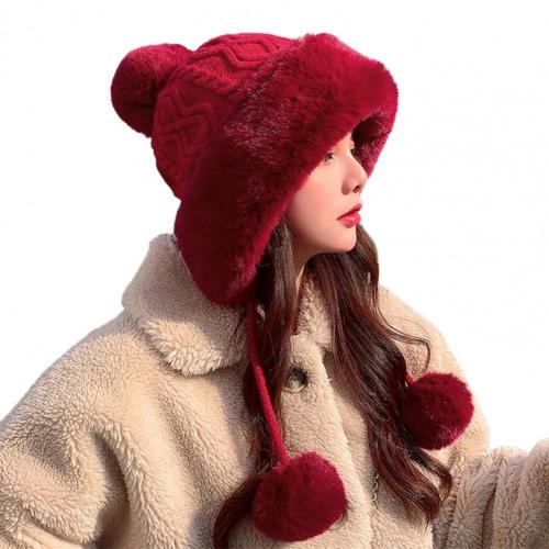 Lady Simple Cute Knitting Cap Female Women Cap Three Plush Balls for Dating: Wine Red
