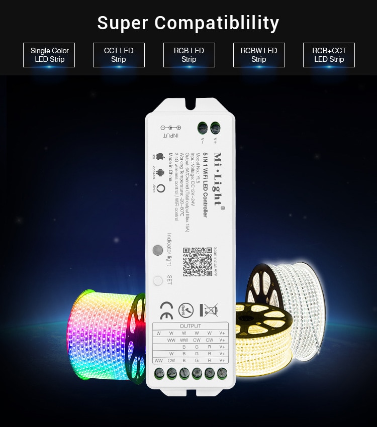 Miboxer WL5 5 IN 1 WiFi LED Controller DC12~24V 15A Mi Light WiFi Control for 3528 5050 CCT DIM RGB RGBW RGB+CCT LED Strip light