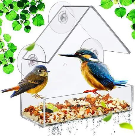 Comedero para pájaros, ventana transparente acrílica, bandeja para comedero de pájaros, casa para pájaros, comedero para mascotas, instalación con ventosa, alimentador tipo casa: Default Title