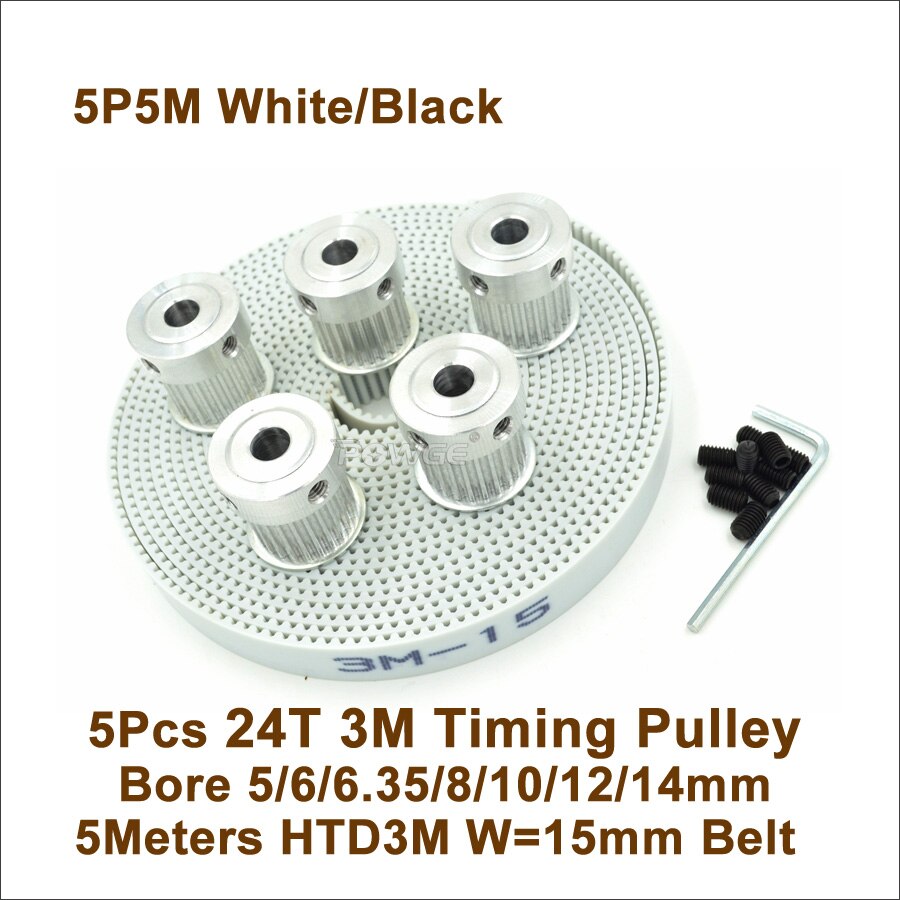 POWGE 5pcs 24 Tanden 3M Tandriemschijf Boring 5/6/6.35/8/10/ 12/14mm + 5meter W = 15mm HTD 3M PU Distributieriem 24 T 24 tanden 3M Katrol