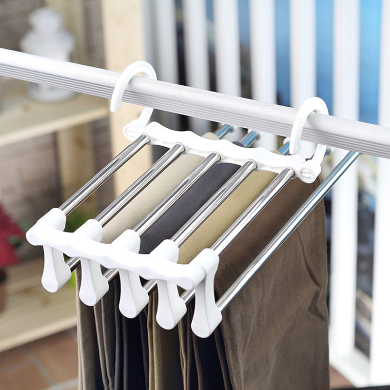 Multifunctionele Broek Rack Handdoek Planken Closet Organizer Rvs Garderobe Verstelbare Magic Broek Hangers 5 In 1