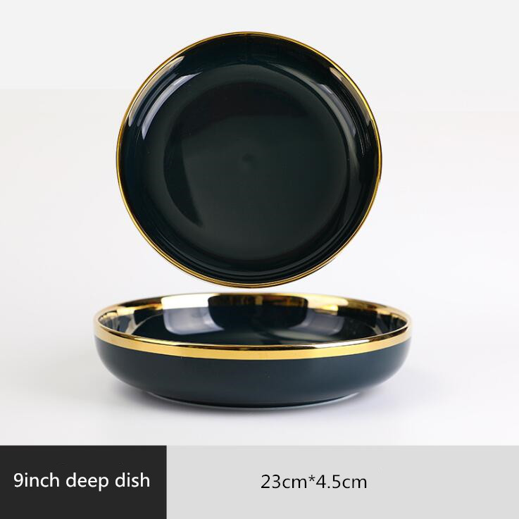Gilt Rim Dark green Plate Steak Food Nordic Style Tableware Bowl Ins Dinner Dish High End Porcelain Dinnerware Set: 9 inch deep dish