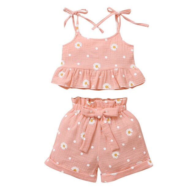 L'été 2-6Years Bambin Filles Tenues Sans Manches Noeud papillon Sangle Imprimé Marguerite Hauts + Ensemble Short Et Haut Vêtements: Rose / 4T