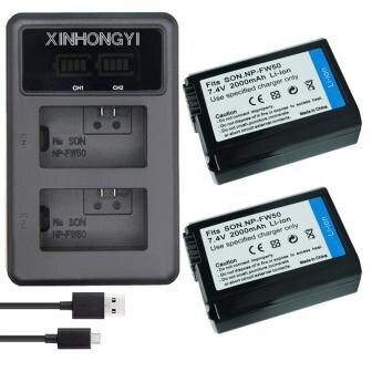 2000mAh NP-FW50 NP FW50 Batterij + LED USB Dual Charger voor Sony Alpha a6500 a6300 a7 7R a7R a7R II a7II NEX-3 NEX-3N NEX-5: 2P-FW50BatteryAndCh