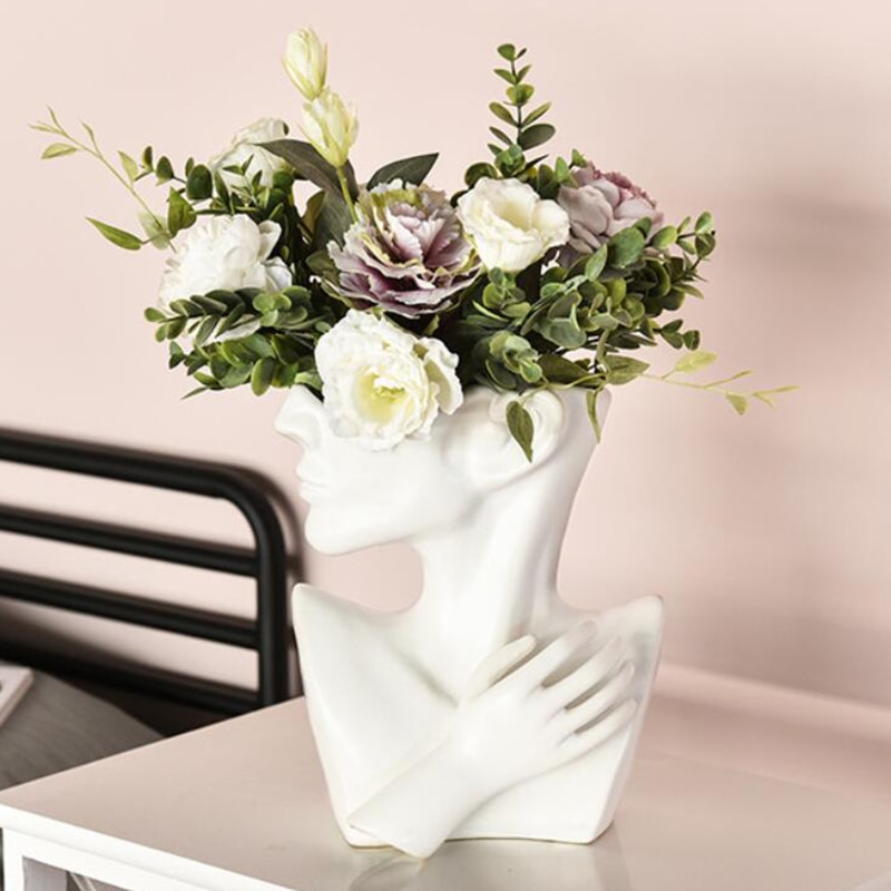 Half Body Face Ceramic Flower Pot White Figure Sculpture Crafts Desktop Flower Arrangement Container Garden Decoration