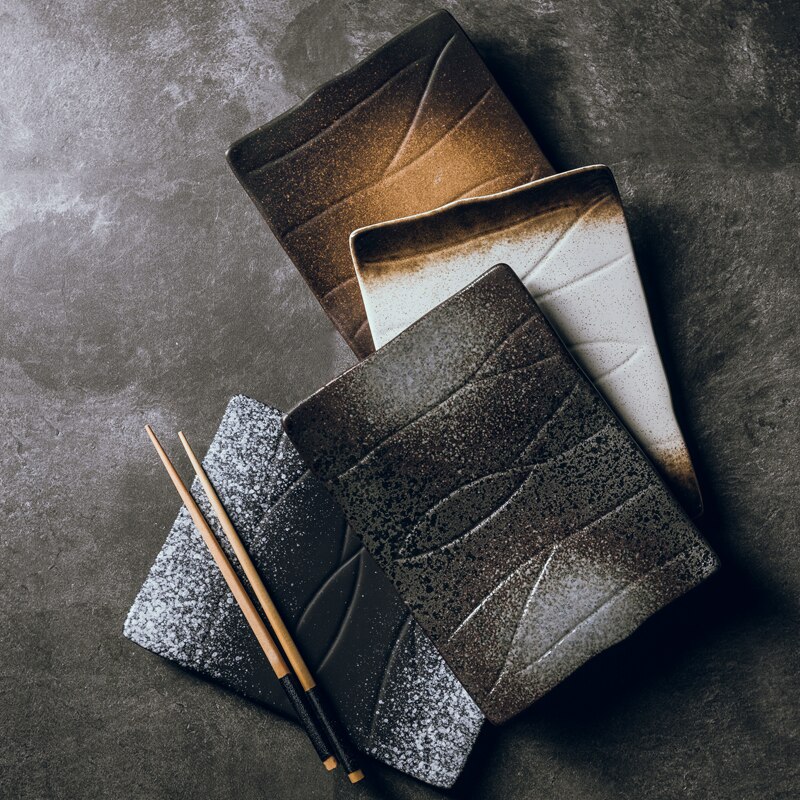 FANCITY Japanese-style rectangular ceramic plate cuisine sushi plate Flat fish plate Saury long plate dish