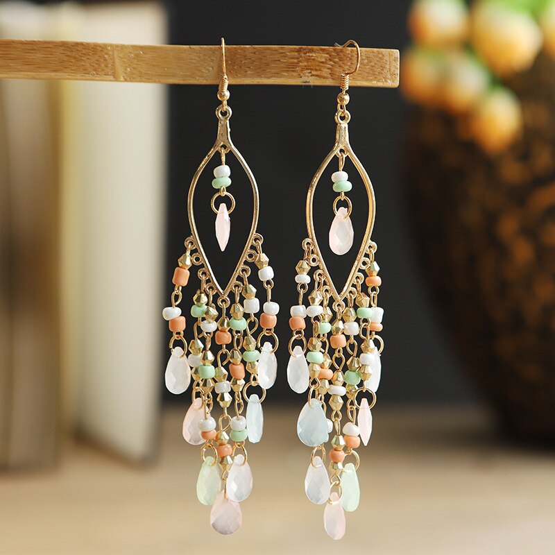 Boho Colorful Resin Beads Tassel Dangle Earrings for Women Long Bohemia Acrylic Earrings Jewelry Accessories: E1800-Color