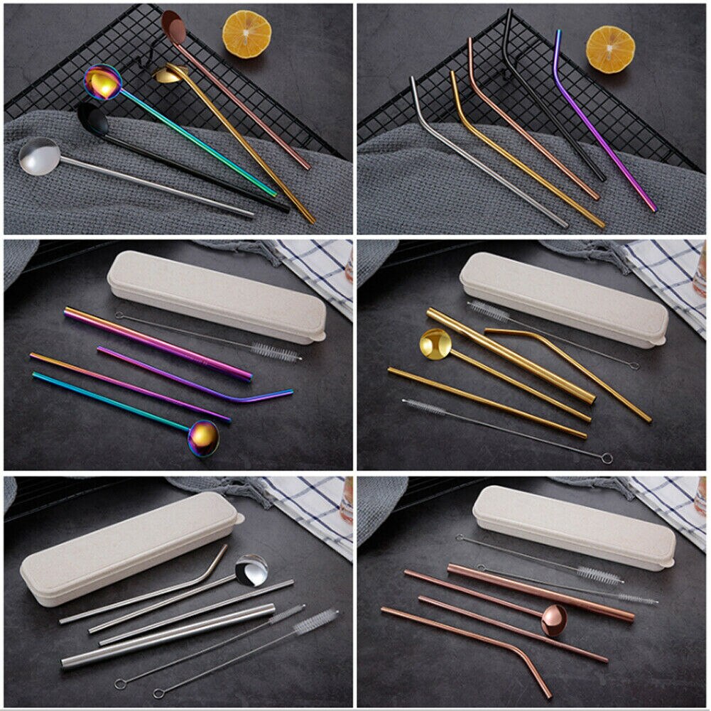 4Pcs Set Reusable Stainless Steel Metal Straw Drinking Straws Washable With 2 Cleaning Brush For Mugs