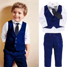 Boys Gentleman Suit Set Vest Shirt Pant Tie 4Pcs Kids Wedding Ring Bearer Formal Wear Children Autumn Clothing