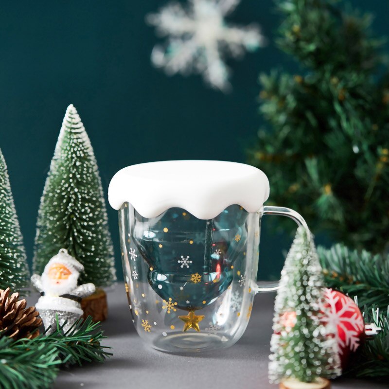 Taza de cristal transparente de doble pared para Año , árbol de Navidad, estrella de la nieve, antiescaldado, para café, leche, botella de agua, de Navidad